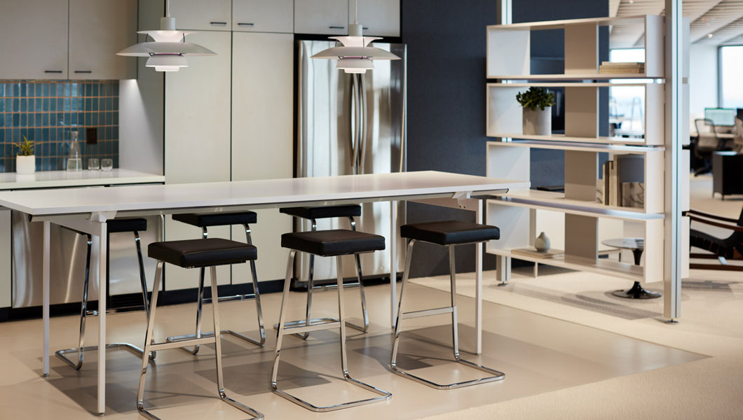 Knoll Shared Spaces Community Space With Antenna Tall Table and Four Seasons Stools