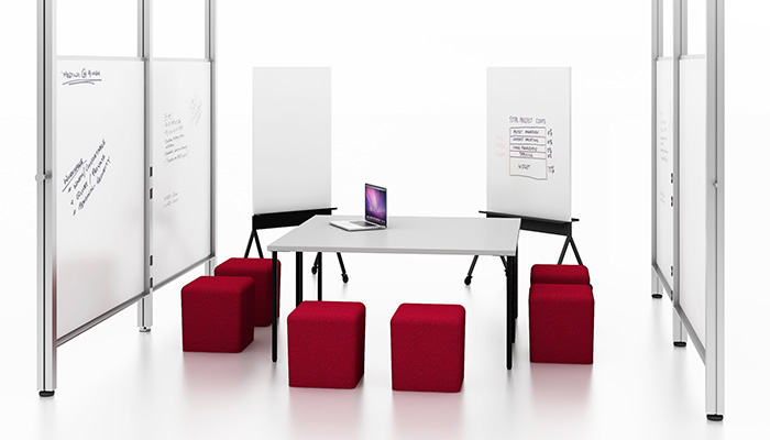Simple Tables with Interpole™, k.™ lounge Poufs and Scribe™ Mobile Markerboards