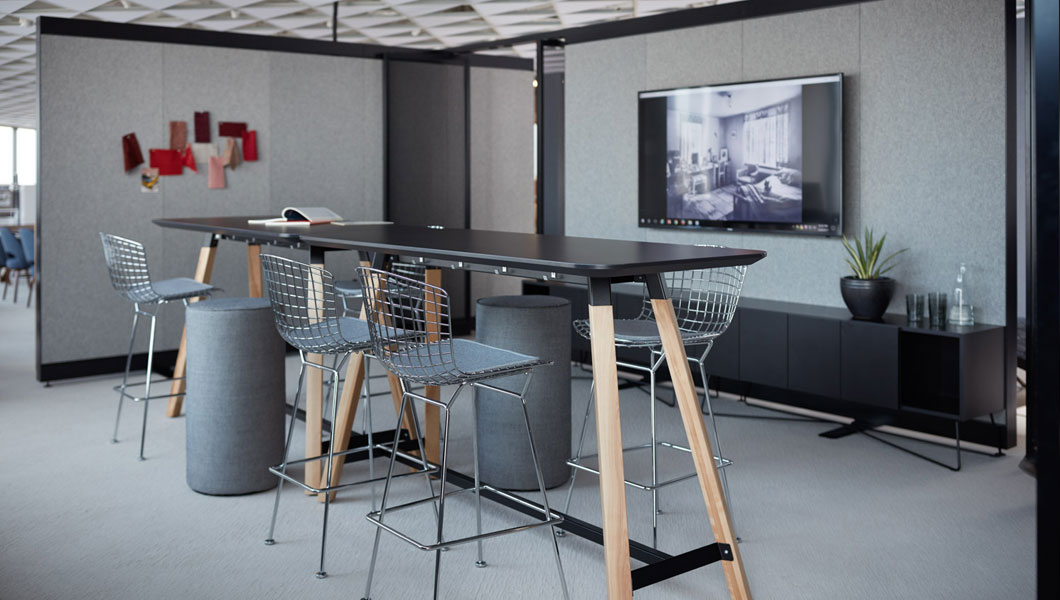 Knoll Shared Spaces Team Meeting with Rockwell Unscripted Creative Wall and Tall Tables