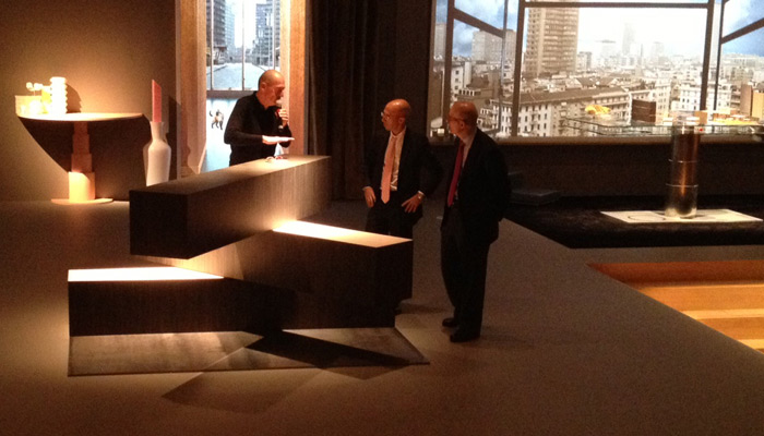 Rem Koolhaas, OMA partner, Andrew Cogan, Knoll CEO, and Benjamin Pardo, Knoll design director, with 04 Counter