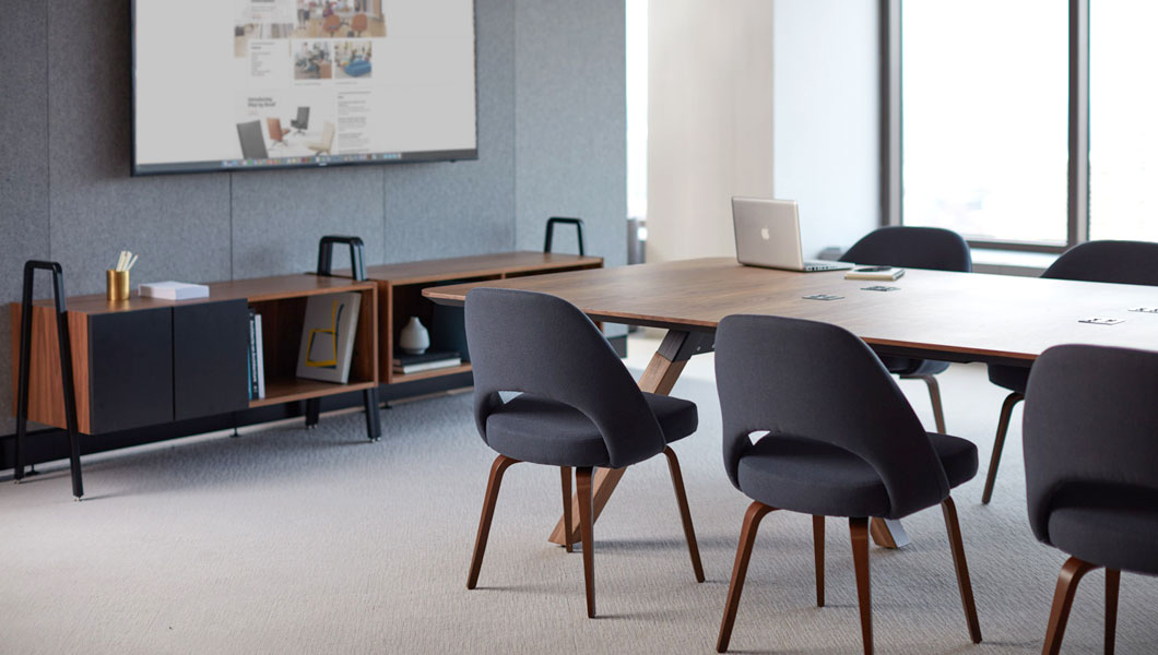 Knoll Shared Spaces Assembly Space with Rockwell Unscripted Library Table and Saarinen Executive Seating