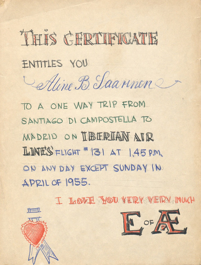 Eero Saarinen's certificate for a trip to Madrid presented to Aline Saarinen, 1955 | PC: Archives of American Art, Smithsonian Institute | Knoll Inspiration