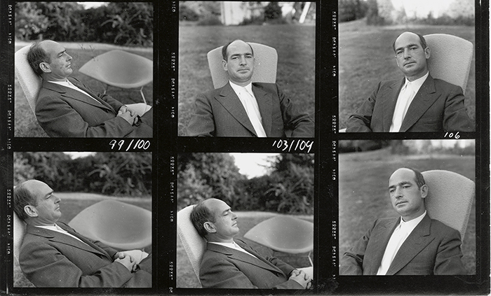 Portraits of Harry Bertoia from a photograph contact sheet for Knoll