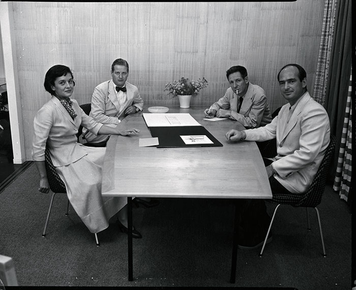 Florence Knoll and Hans Knoll with Knoll graphic designer Herbert Matter and Knoll designer Harry Bertoia