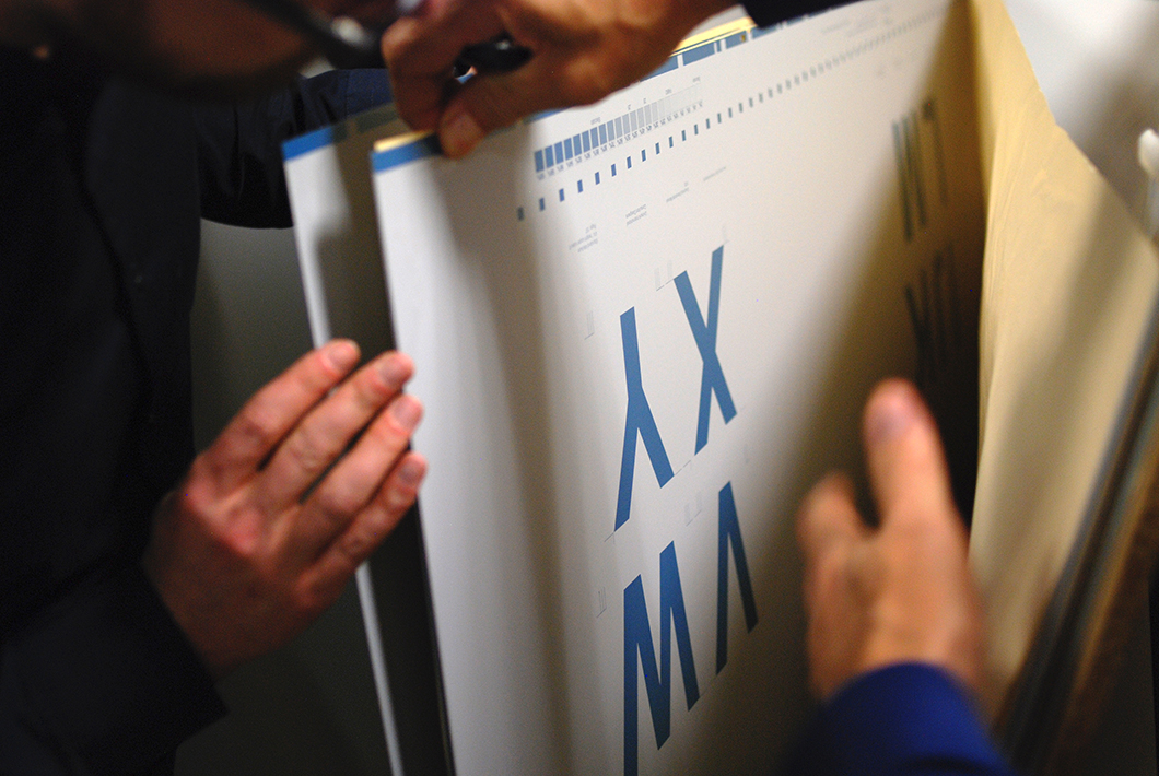 The NYCTA Graphics Standards in production at an Italian print shop | PC: Jesse Reed | In Conversation with Jesse Reed | Knoll Inspiration