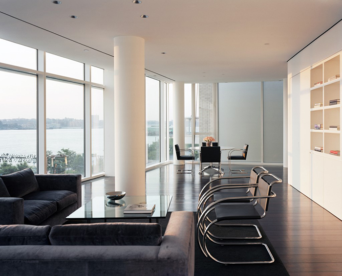 Richard Meier Kojaian Living Room with Mies ban der Rohe's Brno Chairs, MR Chairs, and Barcelona Table