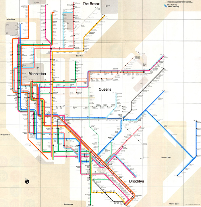 Massimo Vignelli's redesign of the NYC subway map for The Metropolitan Transit Authority, 1970 | PC: Vignelli Center for Design Studies | In Conversation with Kathy Brew | Knoll Inspiration
