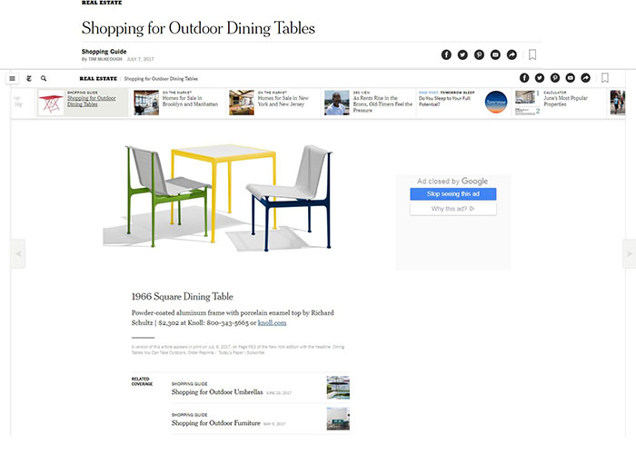 The New York Times features Knoll 1966 Outdoor Dining Table