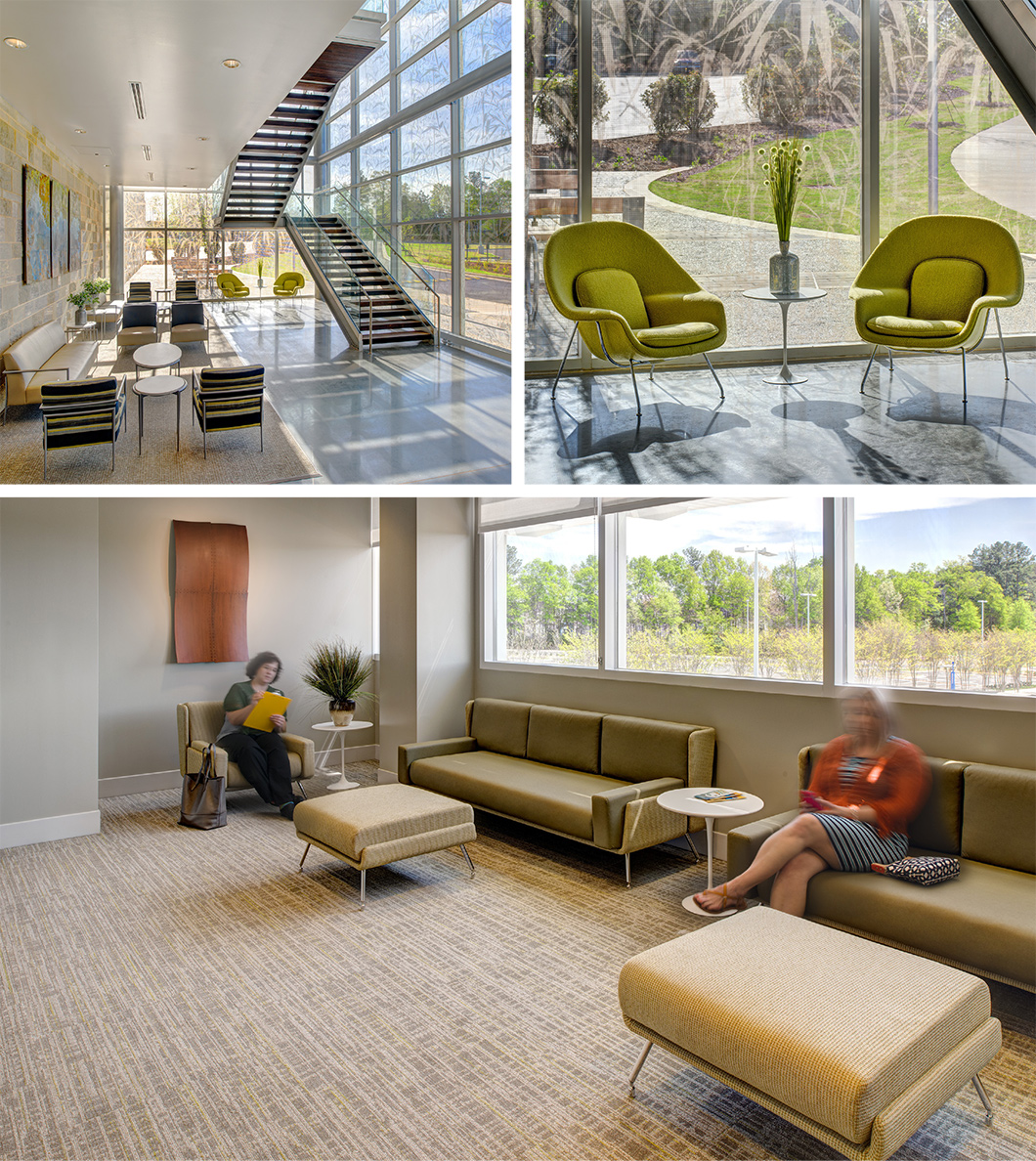 Top Left: An attractive, light-filled lounge sits under stairs to the second floor right at the entrance to the St. Francis Cancer Center. Soothing natural colors and a modern, uncluttered space offer serenity to visitors. Featured: Saarinen Womb Chairs | Top Right: Visitors awaiting pick-up near the entrance of the building can relax in a comfortable seating area. The green fabric on the chairs and flowers on the side table pick up the grasses outside the window. Featured: Saarinen Womb Chairs, Saarinen Pedestal Side Tables | Bottom: Large windows in a patient waiting area offer views of surrounding mountains and natural light, while soothing beige tones create a calming atmosphere. Featured: Architecture & Associates Sofas & Ottomans, Saarinen Side Tables