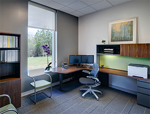 A private office space for executive staff features not only views of the surrounding landscape, but ample storage, worksurfaces and chairs for meetings with fellow staff. Offices have a clean, modern feel.<br><br>Featured: Moment Side Chair, Generation by Knoll<sup>®</sup> Work Chair, Reff Profiles