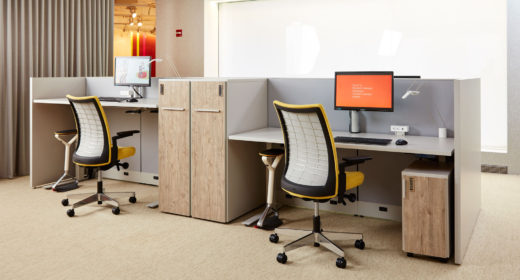 Dividends Horizon with Tone Height-Adjustable Table, Anchor Storage, Remix Work Chair and HiLo.