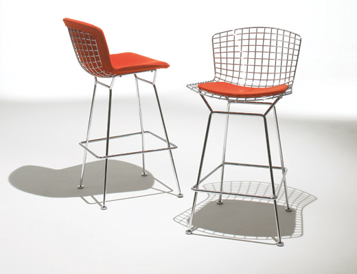 Bertoia Barstools with seat pad in Cato red KnollTextiles upholstery