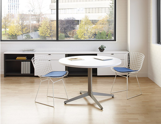 Dividends Horizon low meeting table with Bertoia side chairs