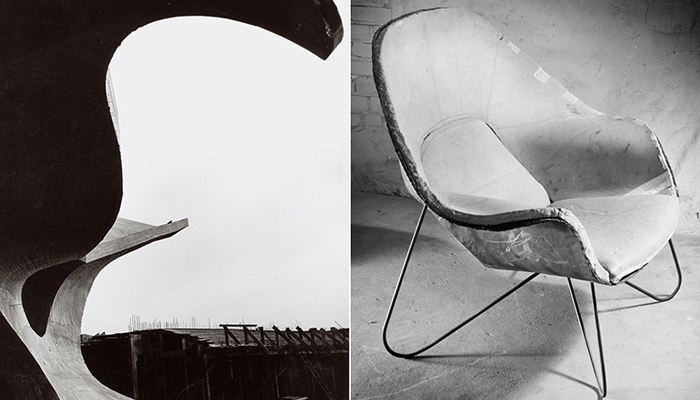 Left: TWA Flight Center under construction. Right: A prototype Womb Chair under construction.