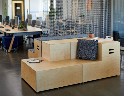 Rockwell Unscripted, upholstered steps, plywood steps, KnollTextiles drapery, Sawhorse Workbench, workstations, touchdown space, immersive planning, shared spaces, breakout space, commons space
