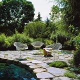 Bertoia Diamond Chair and Maya Lin Stones for outdoor use