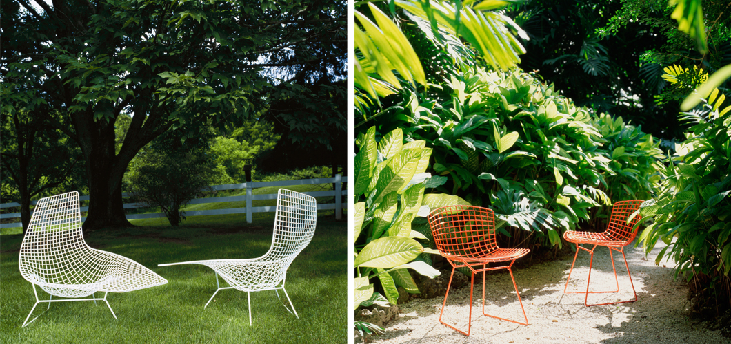 Bertoia Assymetric and Side Chairs Outside