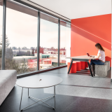 Knoll works 2021 Connected campus csus rockwell unscripted sawhorse table upholstered seats cube cylinder occasional table k. lounge focus shared spaces
