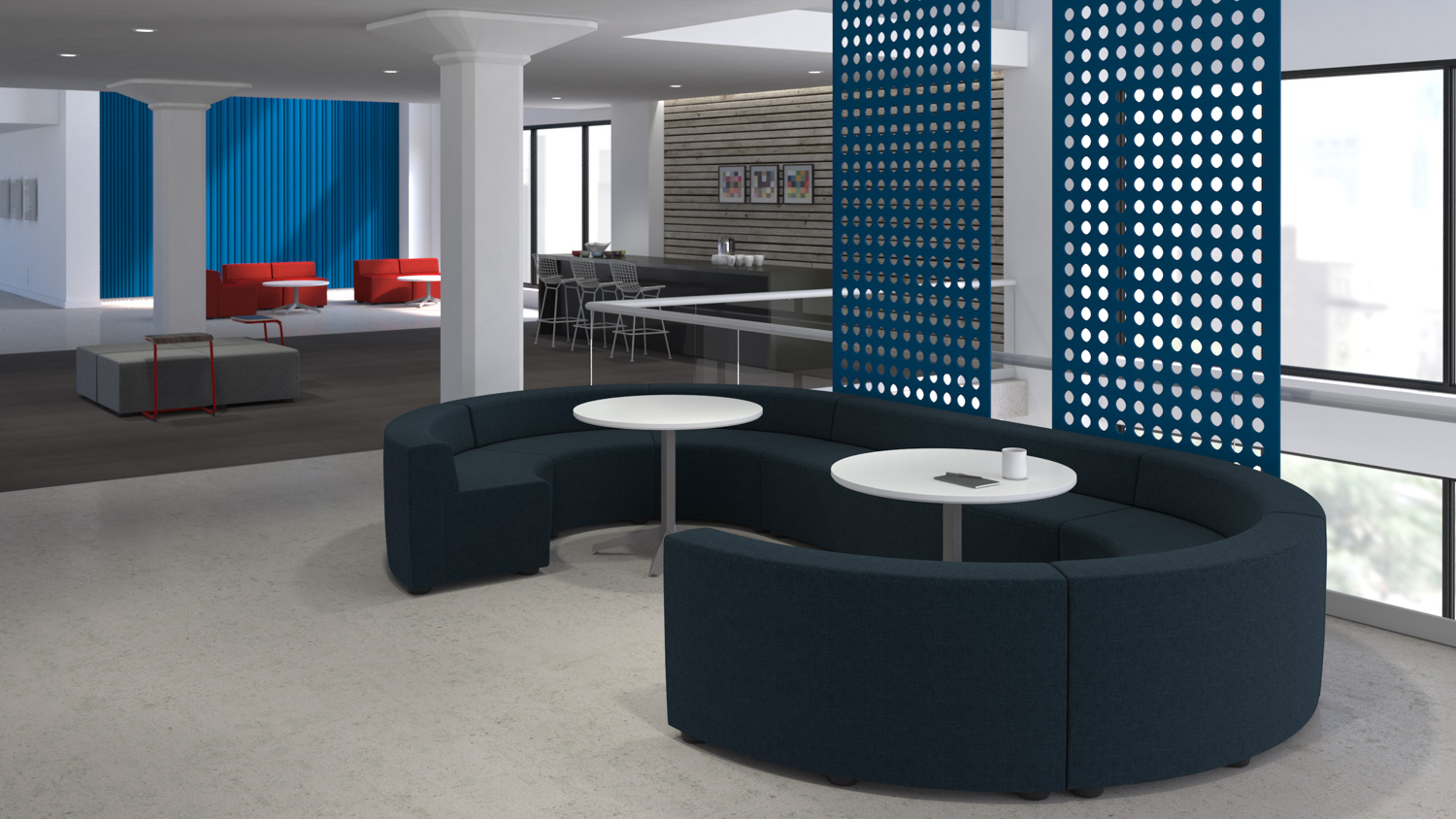 Activity Spaces community work lounge coffee bar pantry break area social space corridor bench ottoman Toboggan pull up table Dividends Horizon x base table FilzFelt hanging panel acoustic wall Bertoia Barstool