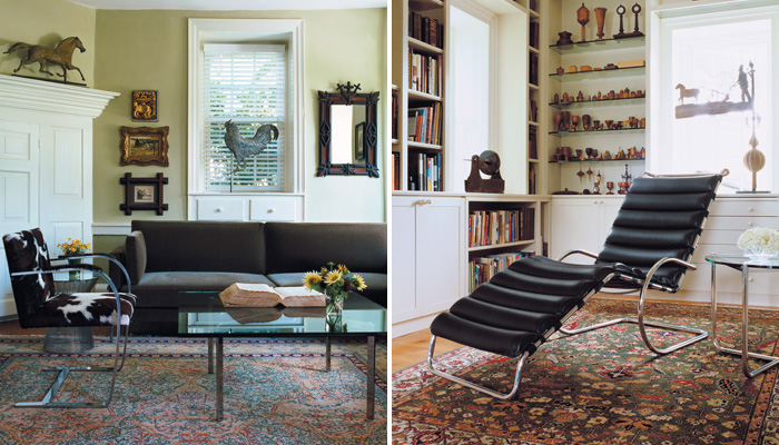 Left: Flatbar Brno Chair, Barcelona Table, Divina Sofa. Right: MR Chaise, MR Table