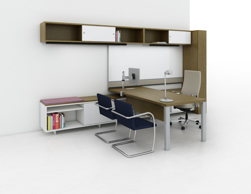 Reff Profiles private office progressive overhead peninsula with 2x4 legs wardrobe cabinet white board credenza cushion