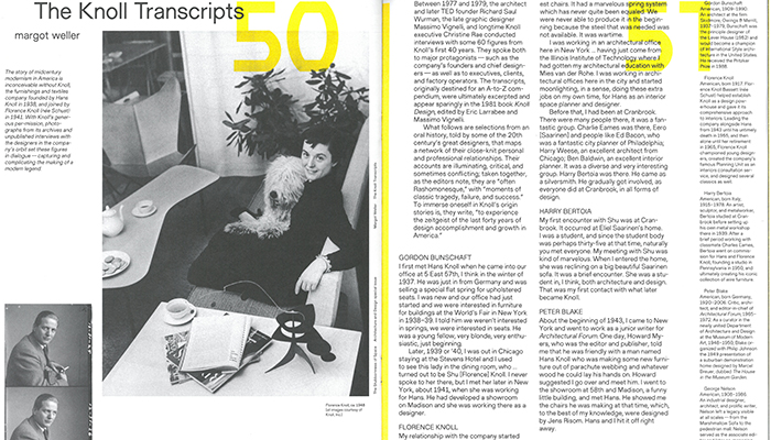 Interviews with Florence Knoll and other Knoll Designers featured in the January / Febriuary 2015 Issue of Art Papers.