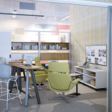 rockwell unscripted creative wall backdrop mobile markerboard wall tall tables drink rail bertoia molded shell barstools anchor storage credenza with feet muuto relate tables KN02 lounge chair thriving workplace project neighborhood hybrid meeting ideatio