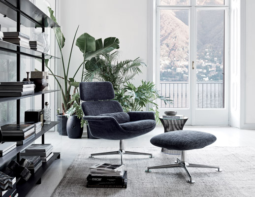 kn02 swivel and reclining high back lounge chair kn03 ottoman fabric polished aluminum base piero lissoni