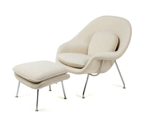 Medium Saarinen Womb chair and ottoman with polished chrome base and North Island upholstery from KnollTextiles