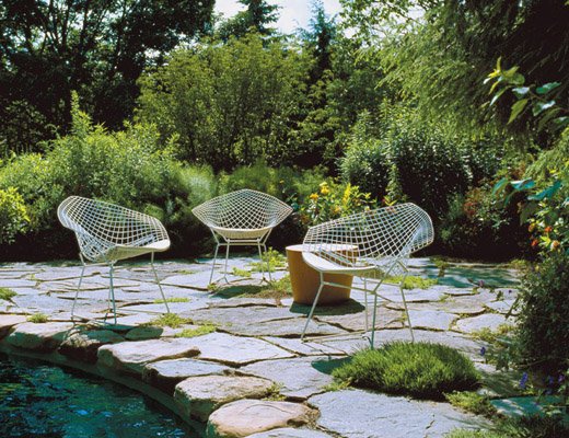 Bertoia Diamond Chair and Maya Lin Stones for outdoor use