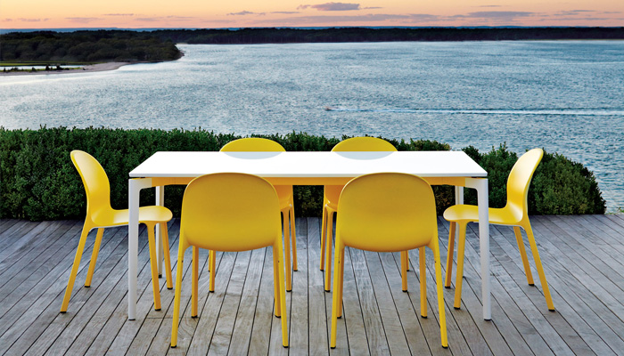 Stromborg Dining Table, Olivares Aluminum Chair