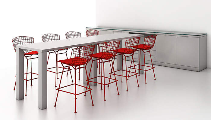 Reff Profiles™ Tall Table and Service Height Credenza with Bertoia Barstools