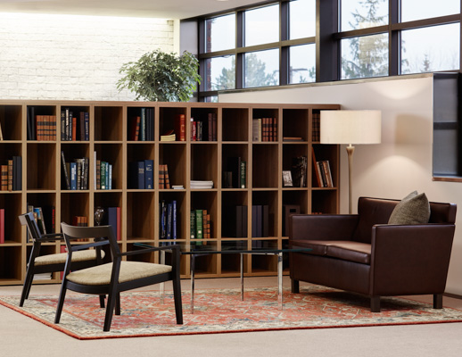 Knoll Essentials anchor storage open lockers Barcelona table Krusin lounge chair Krefeld lounge settee Saarinen Executive Armless chair Dividends Horizon table Community Space Activity Space Library