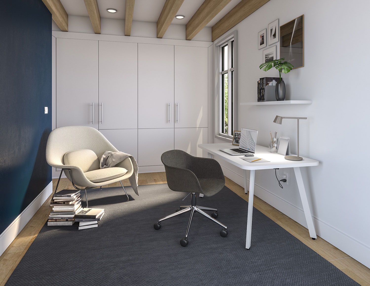 Rockwell Unscripted Easy Table with Fiber Swivel Chair Womb Chair and Muuto accessories Work from Home Inspiration from Knoll and Muuto