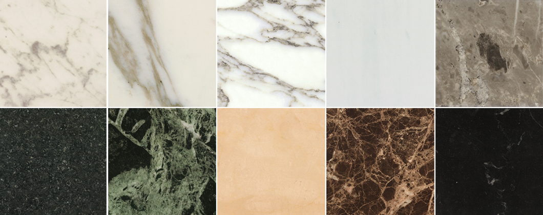 Knoll Marble Samples: Carrara, Calacatta, Arabescatto, White Extra, Grey Marble, Black Andes, Verdi Alpi, Empire Beige, Brown Emperador and Nero Marquina | Knoll Inspiration
