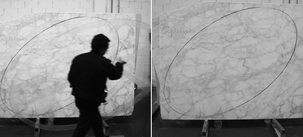 Marble being evaluated and marked for cutting by stone masters using designer-approved templates | Knoll Inspiration