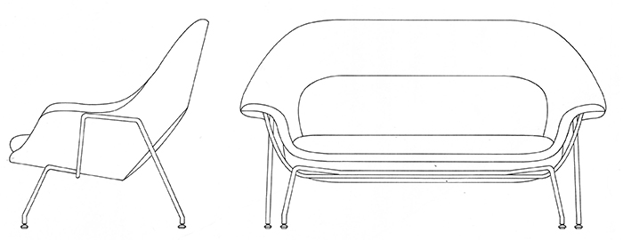 Dimensional drawing of Model 73 Womb Settee, 1948 | Knoll Inspiration