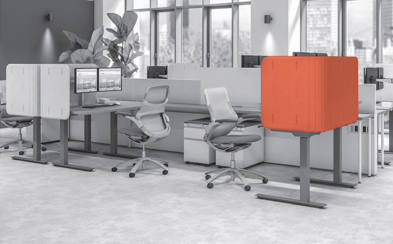 Curved corner k. screens on Tone™ height-adjustable tables with Fence.