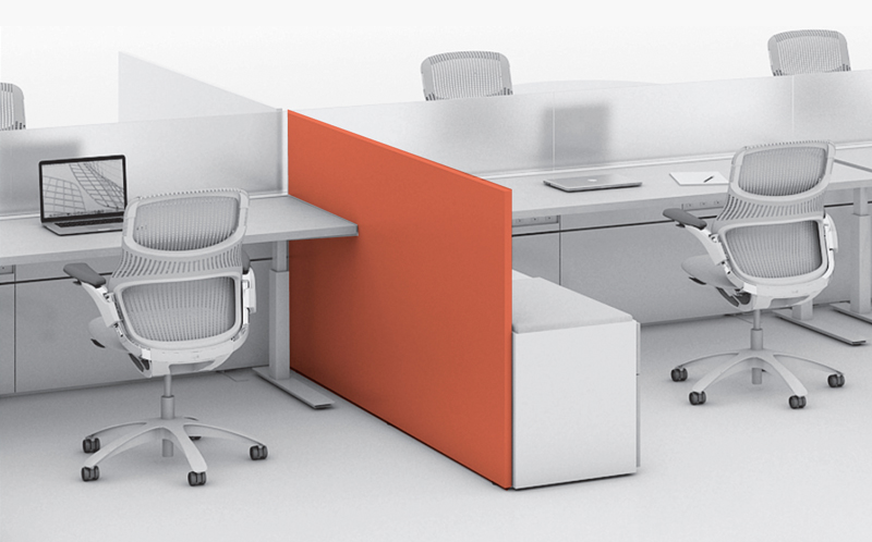 Antenna Workspaces gallery panels with Fence and k. stand height-adjustable tables