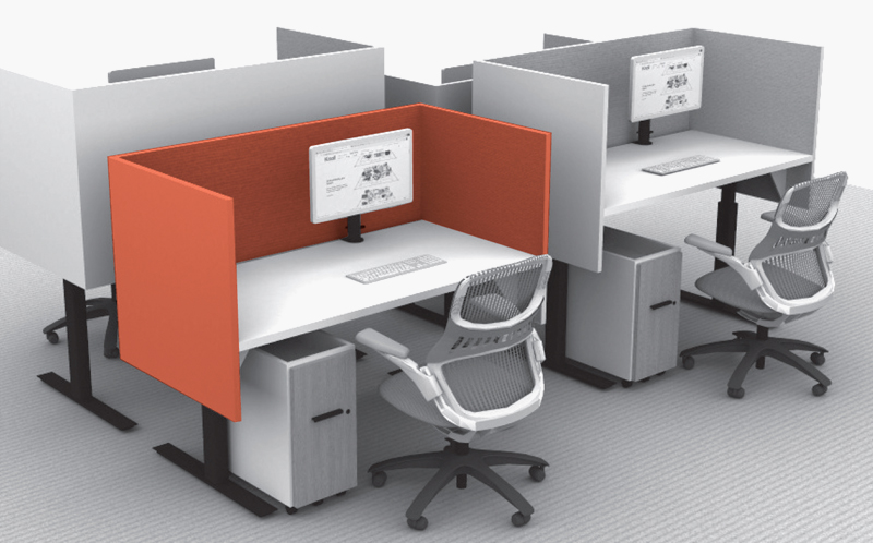 Series 2 screens in combination metal and upholstery on k. stand T-leg height-adjustable tables
