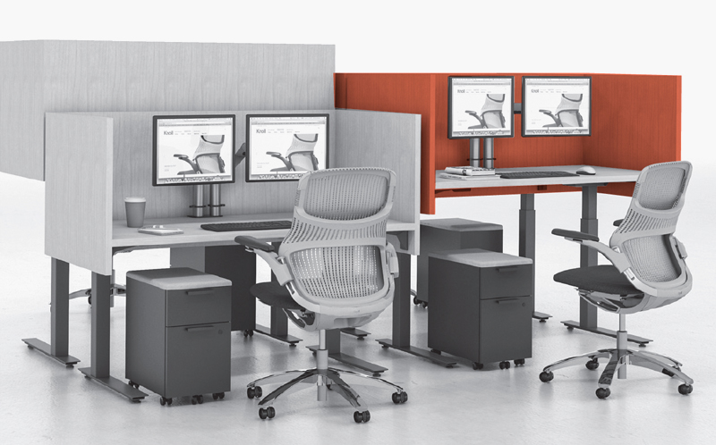 Custom Antenna Workspaces veneer screens on Tone height-adjustable tables