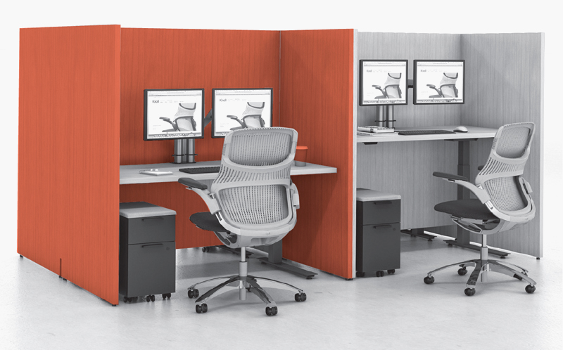 Custom-height veneer gallery panel surrounds with Tone height-adjustable tables