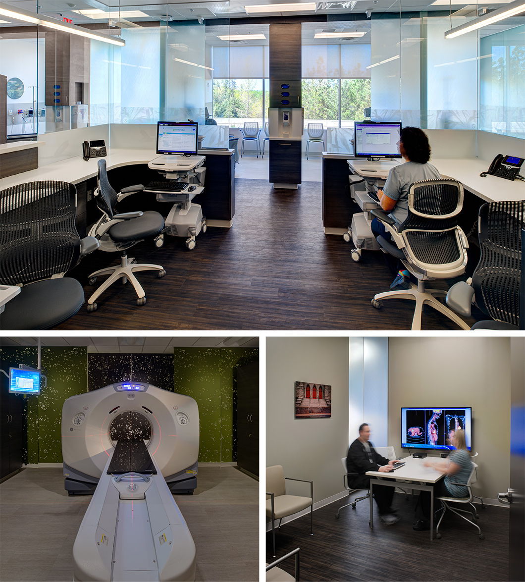 Top: Caregiver work areas near infusion treatment bays sit behind transparent barriers, making it easy for patients to feel connected to staff while also enjoying some privacy. Featured: Generation by Knoll<sup>®</sup> Work Chairs, MultiGeneration by Knoll<sup>®</sup> Stacking Chairs<br><br>Bottom Left: Laser-cut FilzFelt transforms a CT simulation room into a soothing, forest-like space.<br><br>Bottom Right: Consultations areas, located near treatment areas, make it easy for patients to meet with physicians, administrators or other support staff without having to traveling to a different area of the building. Featured: MultiGeneration by Knoll<sup>®</sup> Stacking Chairs, Antenna<sup>®</sup> Workspaces